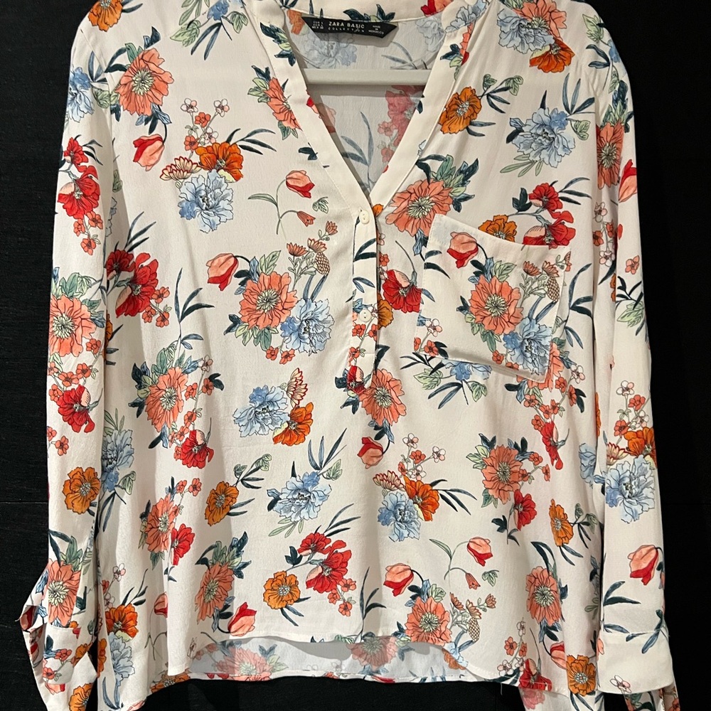 Zara Floral Print Blouse with Red and Blue Accents and tie sleeves